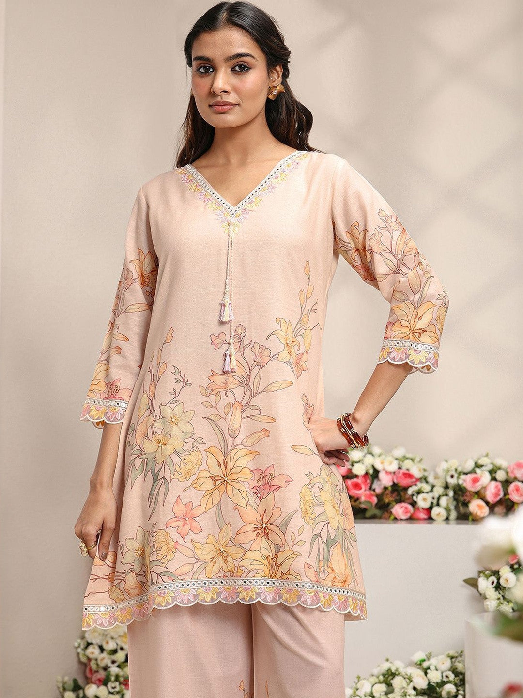 Peach Floral Printed Linen A-Line Kurta Set