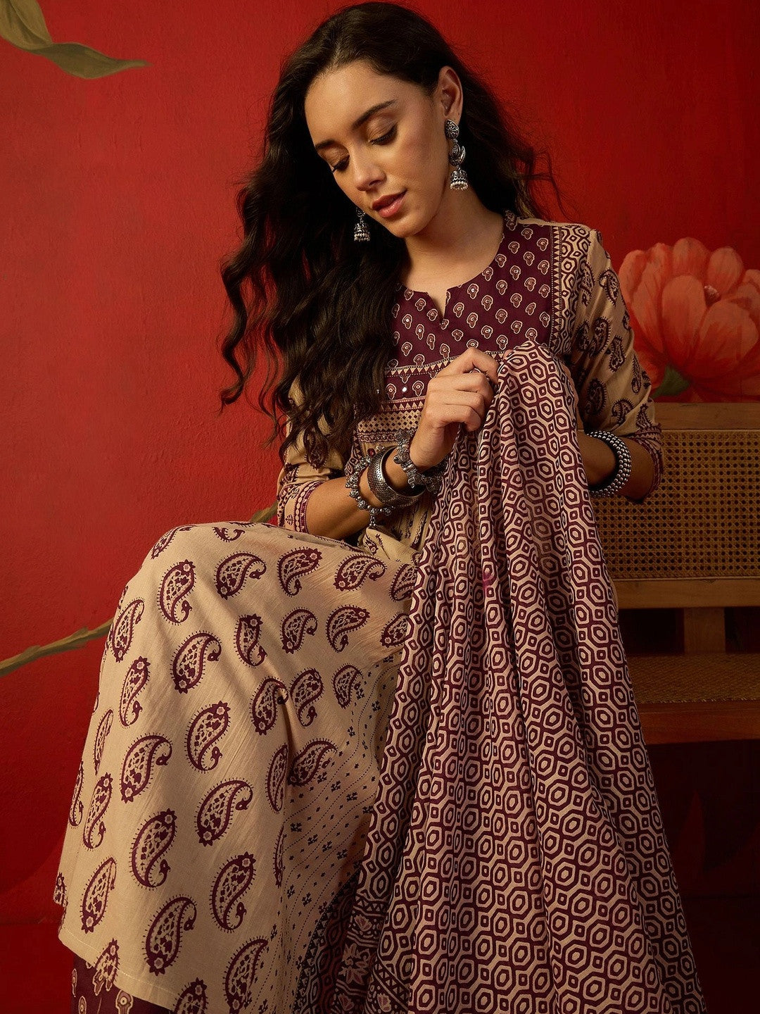 Women Paisley Printed Empire Pure Cotton Kurta with Trousers & With Dupatta