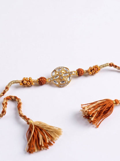 Dhiyona Rudraksh & Kundan Studded Gold Toned Thread Rakhi With Roli Chawal Chandan Mishri