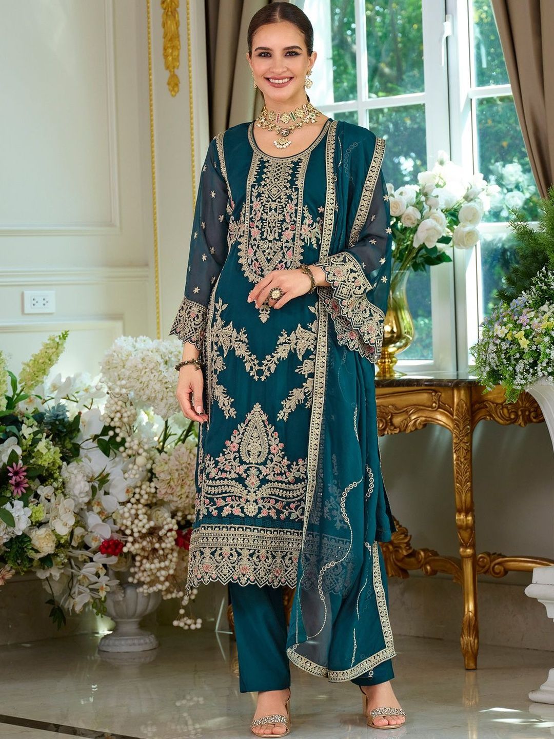 Dhiyona IE Ethnic Motifs Embroidered Thread Work Straight Kurta With Trousers & Dupatta