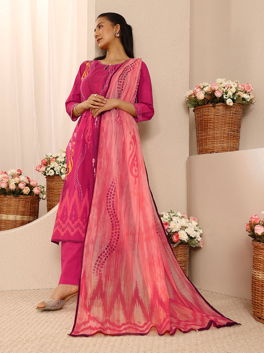 Pink Bandhani Printed Cotton Straight Suit Set with Dupatta