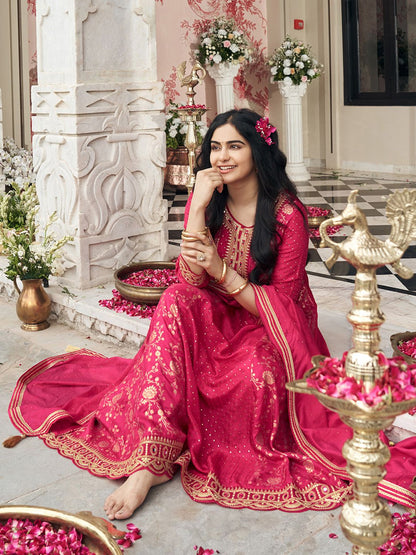 Dhiyona CH Ethnic Motifs Embroidered Round Neck Anarkali Kurta With Trousers & Dupatta
