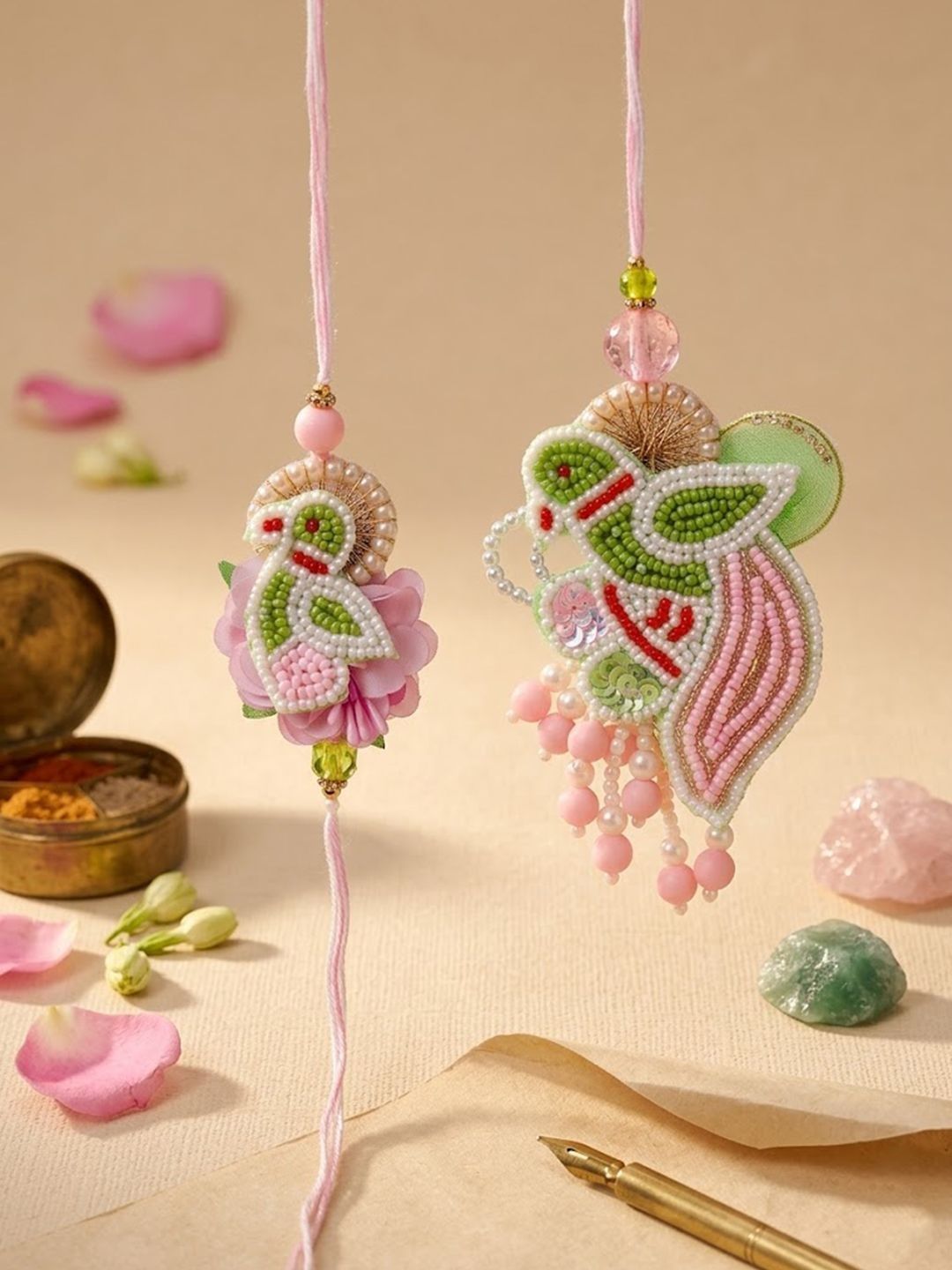 Dhiyona Set Of 2 Leaf Design Pearls & Artificial Stones Bhaiya Bhabhi Rakhi With Roli Chawal