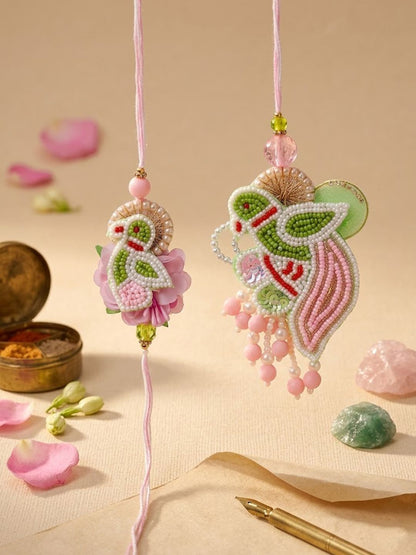 Dhiyona Set Of 2 Leaf Design Pearls & Artificial Stones Bhaiya Bhabhi Rakhi With Roli Chawal