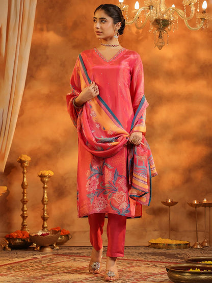 Dhiyona RR Women's Ethnic Motifs Printed Straight Sequinned Kurta with Trousers & With Dupatta