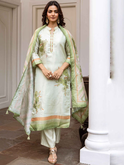 Dhiyona KL Floral Printed Straight Kantha Work Chanderi Silk Kurta With Palazzos And Dupatta