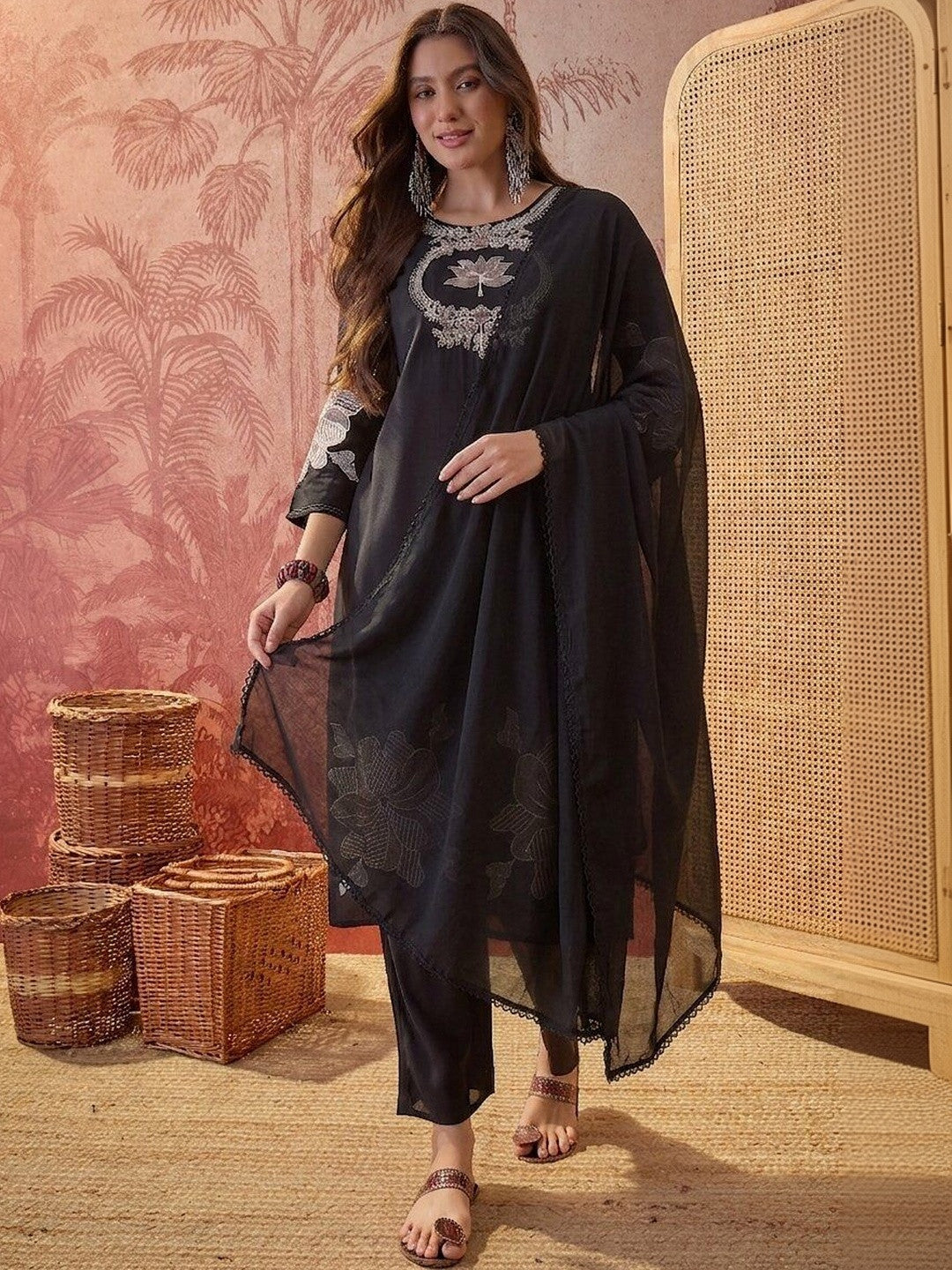 Embroidered Pure Cotton Round Neck Kurta & Trousers With Dupatta