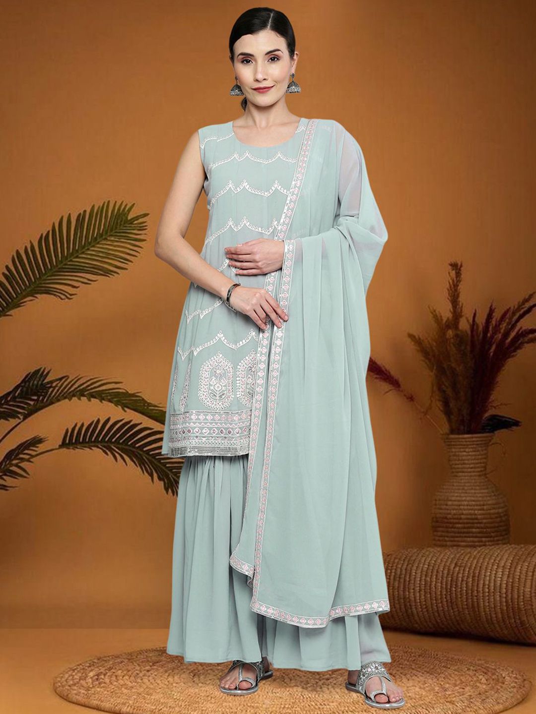 Dhiyona SN Floral Embroidered Sequinned Silk Georgette A-Line Kurta With Sharara & Dupatta