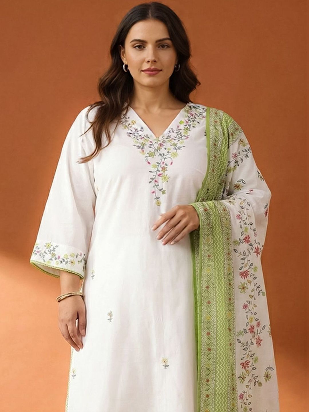 Dhiyona Women's Floral Embroidered Regular Thread Work Pure Cotton Kurta with Trousers & With Dupatta