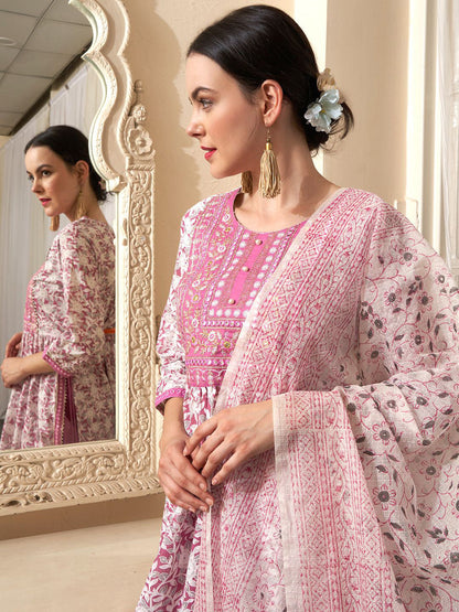 Mauve Floral Printed Mirror Work Pure Cotton Kurta With Trouser And Dupatta