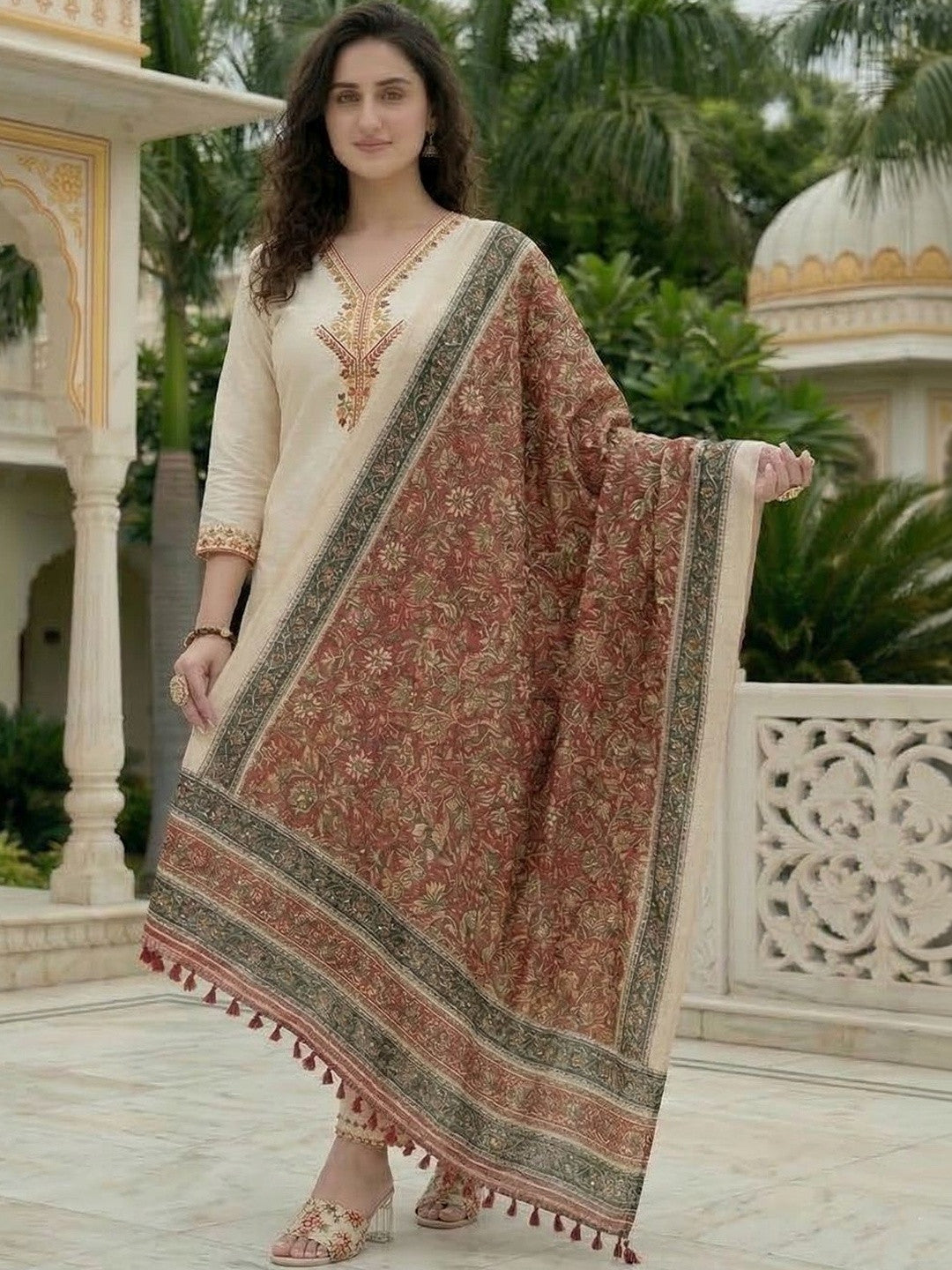 Embroidered Pure Cotton V-Neck Kurta & Trousers With Dupatta