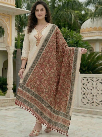 Embroidered Pure Cotton V-Neck Kurta & Trousers With Dupatta
