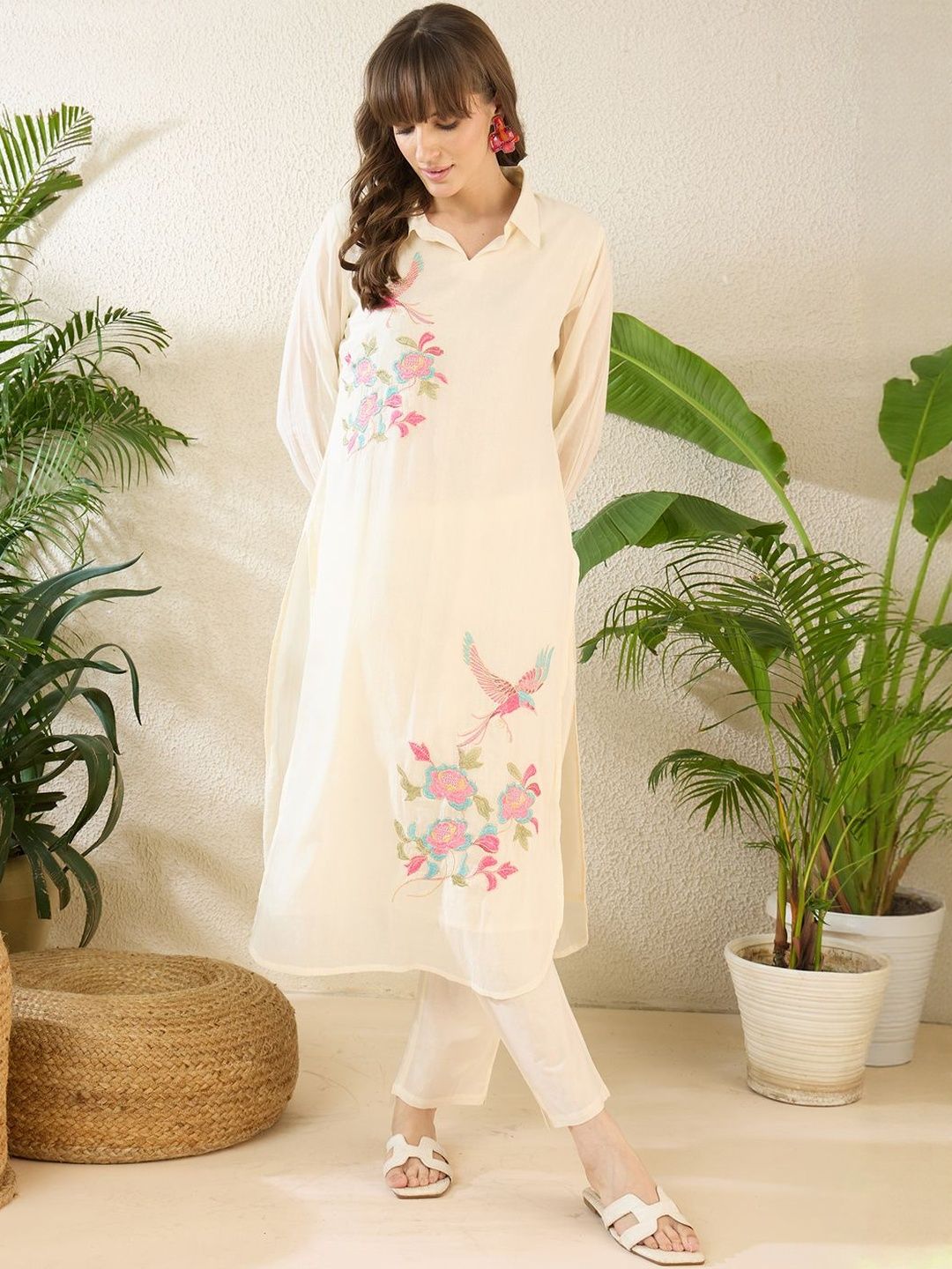 Dhiyona IE Women Ethnic Motifs Embroidered Regular Thread Work Pure Cotton Kurta with Trousers