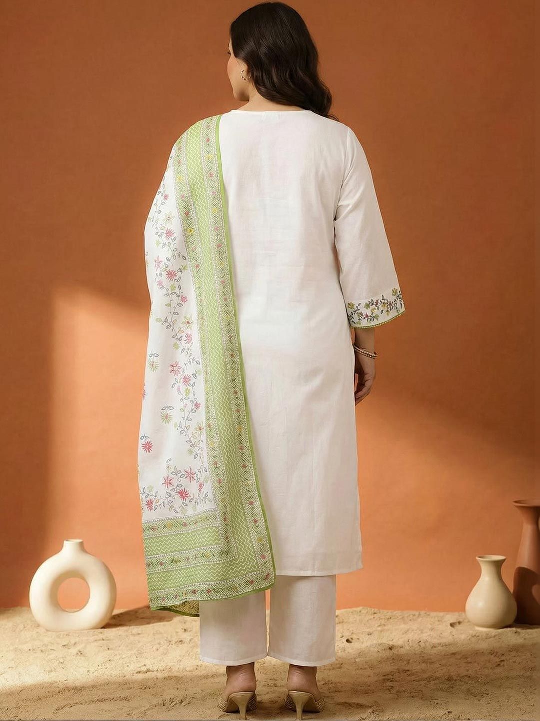 Dhiyona Women's Floral Embroidered Regular Thread Work Pure Cotton Kurta with Trousers & With Dupatta