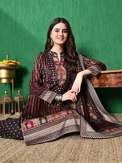 Brown Ethnic Motifs Winter Velvet Straight Kurta & Trouser With Dupatta