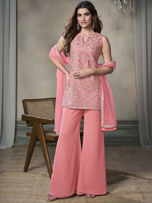 Dhiyona IN Paisley Embroidered Notch Neck Georgette Straight Kurta & Sharara with Dupatta
