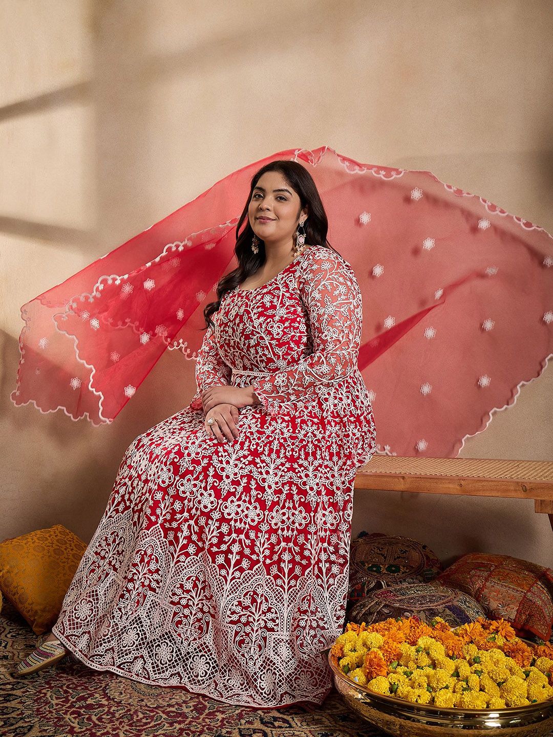 Dhiyona IN Floral Embroidered Thread Work Anarkali Net Kurta with Trousers & Dupatta