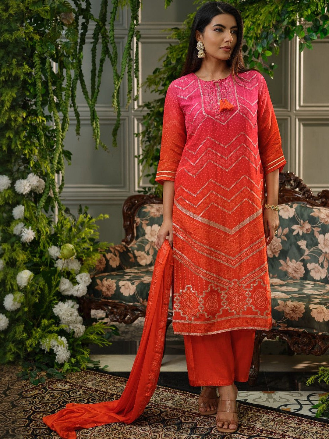 Bandhani Printed Tie-Up Neck Sequinned Straight Kurta With Trousers & Dupatta
