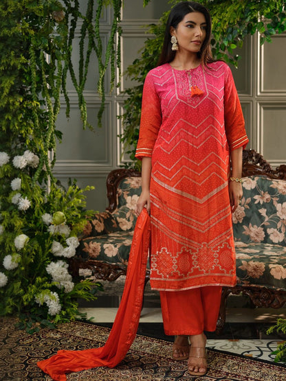 Bandhani Printed Tie-Up Neck Sequinned Straight Kurta With Trousers & Dupatta