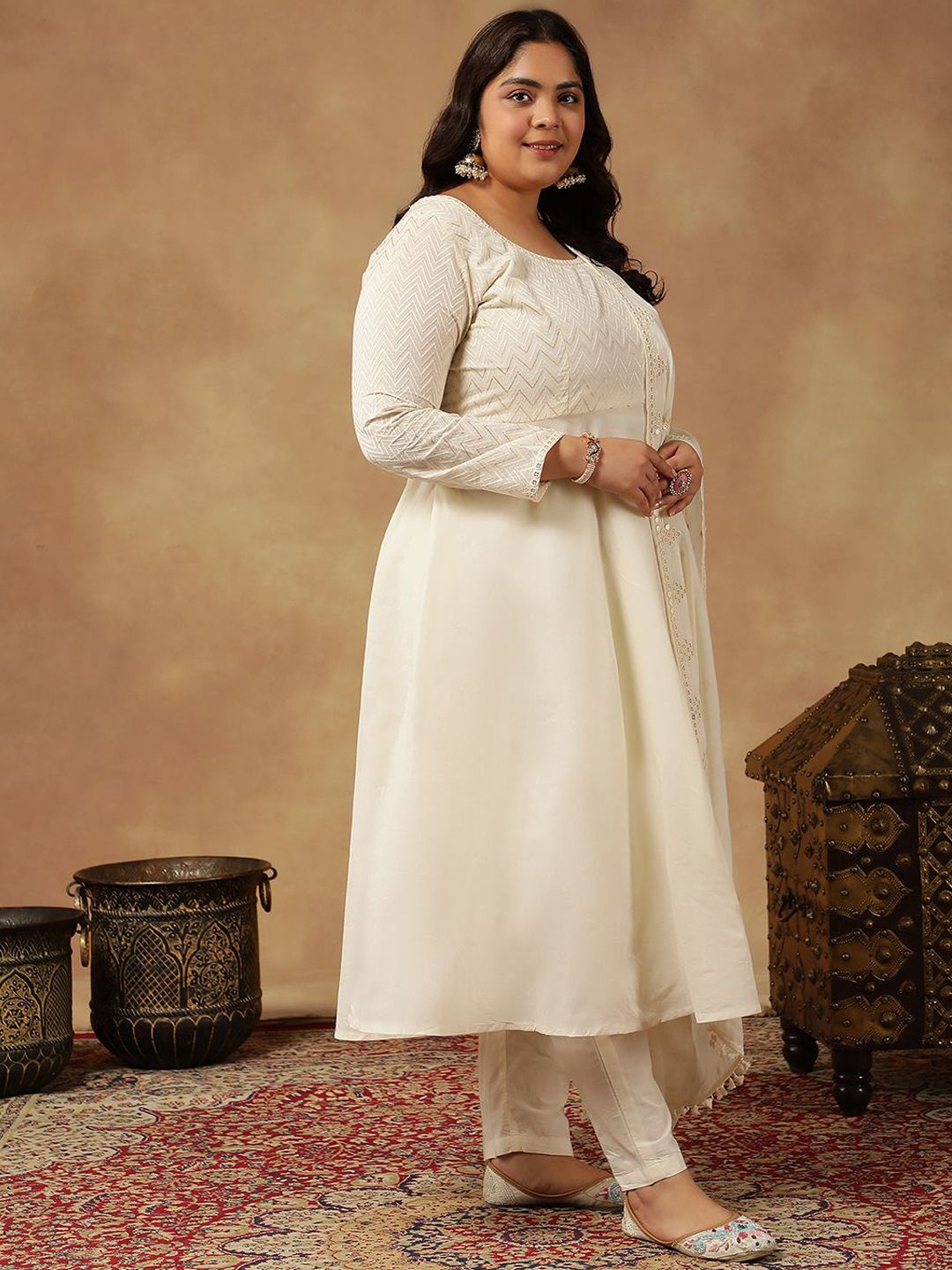 Dhiyona IN Chevron Embroidered Thread Work Anarkali Cotton Kurta with Trouser & Dupatta