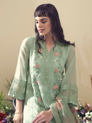 Women's Sea Green Embroidered Straight Kurta Trousers With Dupatta Set