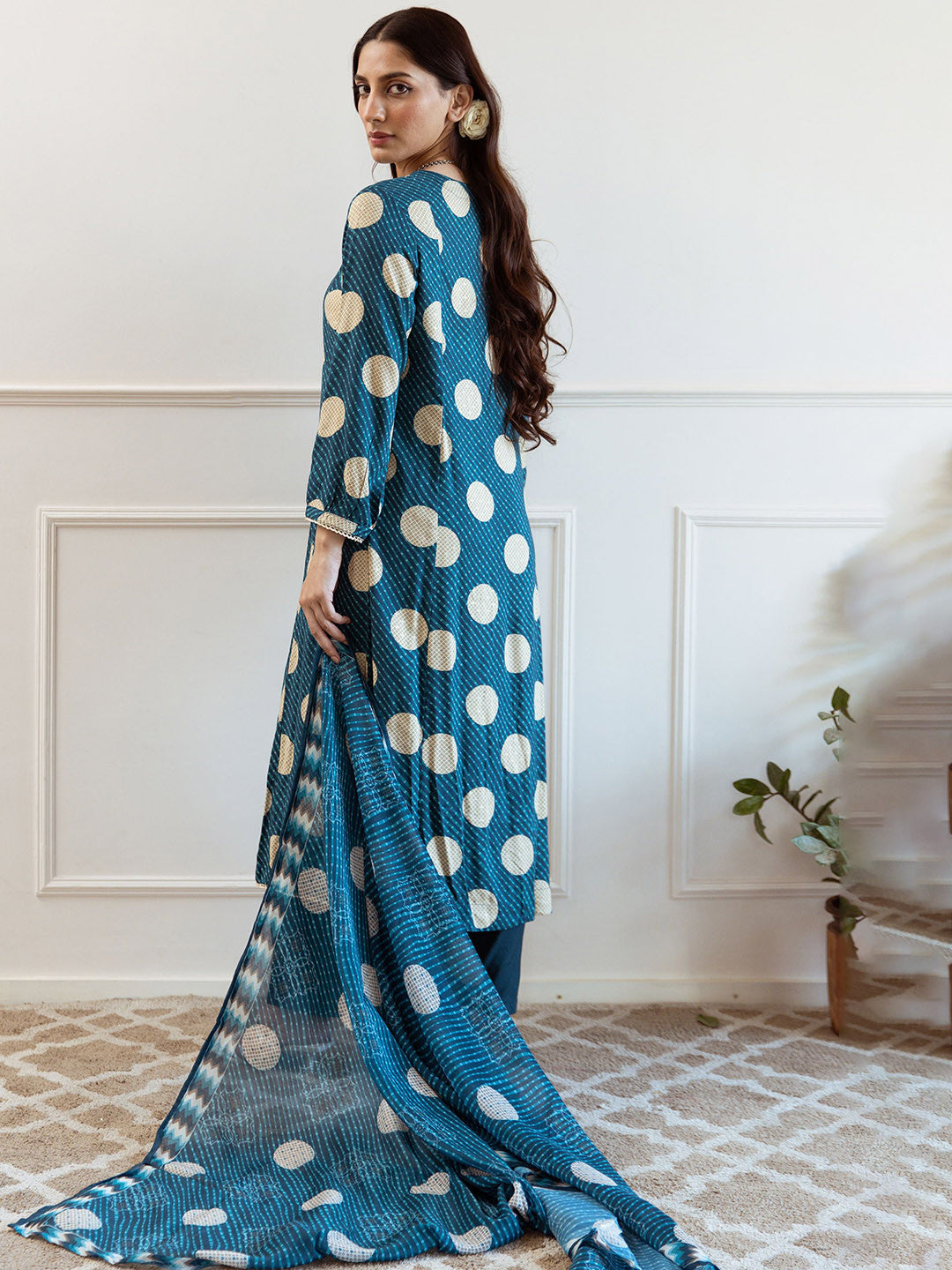 Leheriya Printed V-Neck Mirror Work A-Line Kurta With Trousers And Dupatta