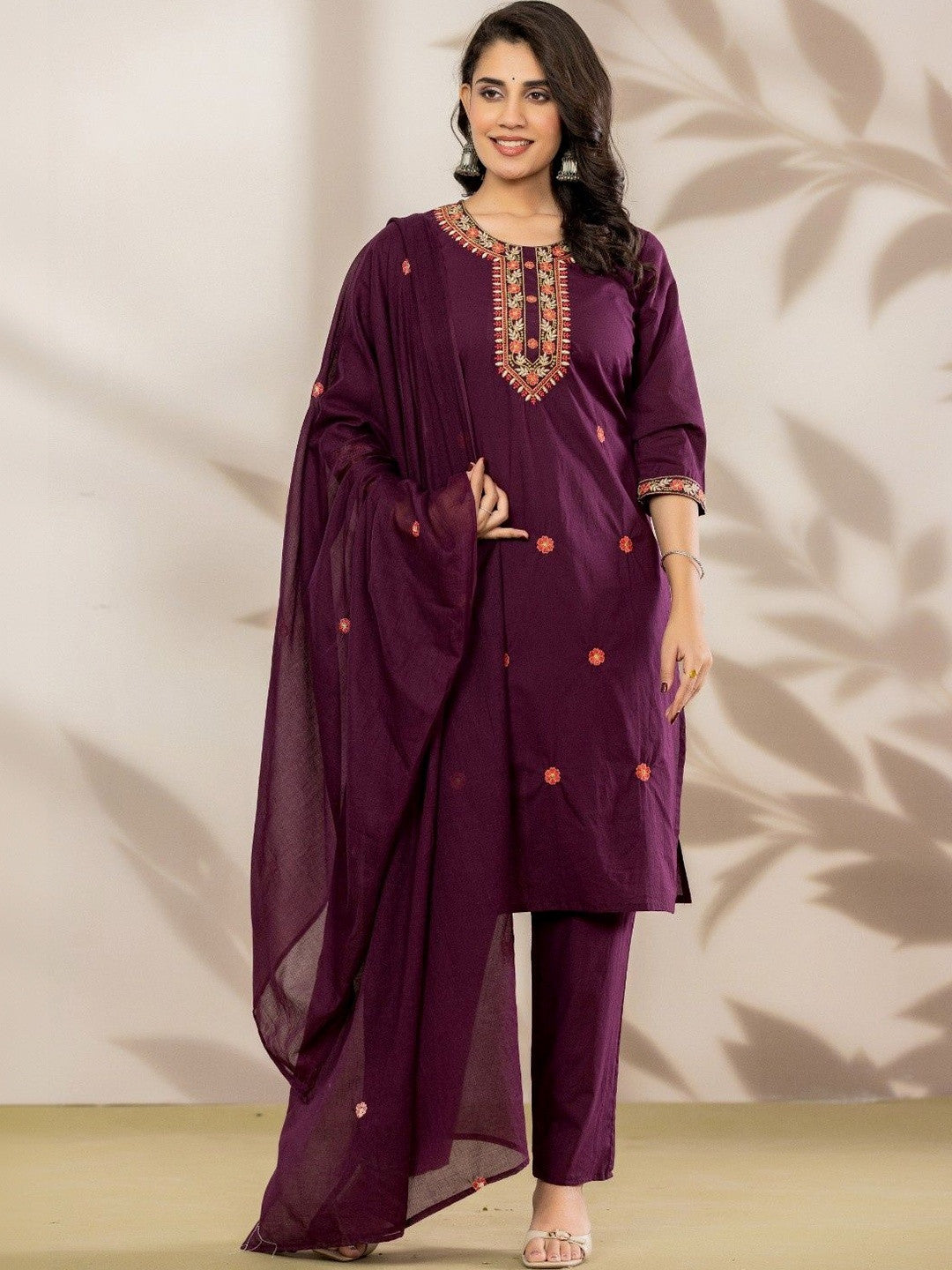 Women Ethnic Motifs Embroidered Regular Thread Work Pure Cotton Kurta with Trousers & With Dupatta