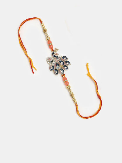 Dhiyona Unisex Set Of 2 Multicolor Peacock Design Stone & Beaded Bhaiya Bhabhi Rakhi