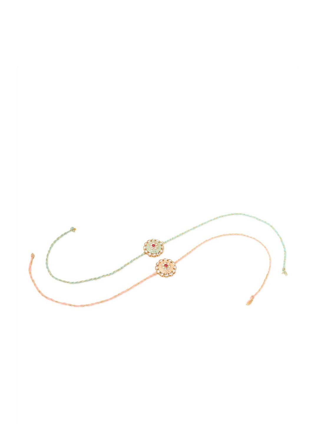 Dhiyona Men Set Of 2 Peach & Green Kundan Studded Round Floral Design Rakhi With Roli Chawal