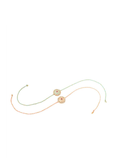 Dhiyona Men Set Of 2 Peach & Green Kundan Studded Round Floral Design Rakhi With Roli Chawal