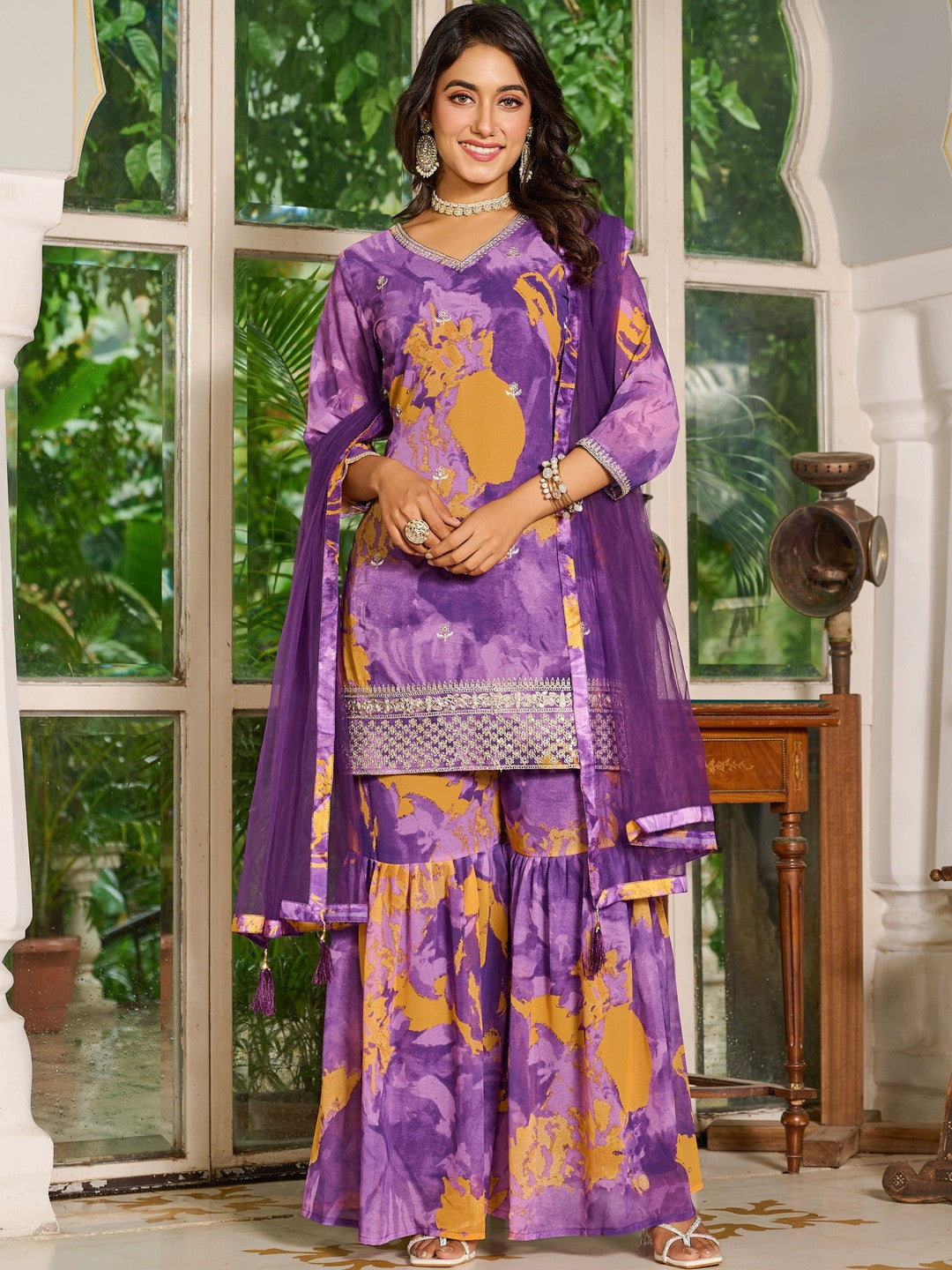 Women Dyed Regular Thread Work Kurta with Sharara & With Dupatta