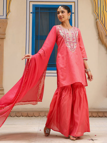 Dhiyona SC Women Coral Chanderi Silk Embroidered Kurta with Sharara & With Dupatta