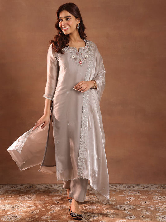 Floral Yoke Design Beads and Stones Tissue Straight Kurta with Trousers & Dupatta
