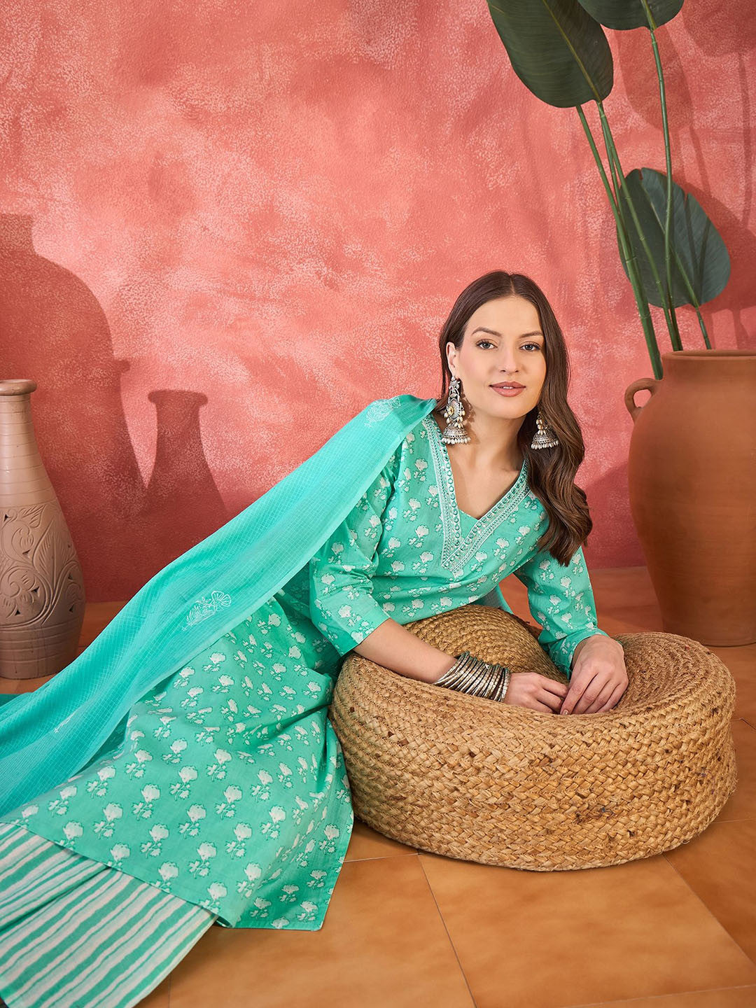 Floral Printed V-Neck Mirror Work Pure Cotton Straight Kurta & Trouser & Dupatta