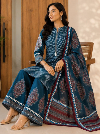 Women Ethnic Motifs Printed Regular Pure Cotton Kurta with Palazzos & With Dupatta
