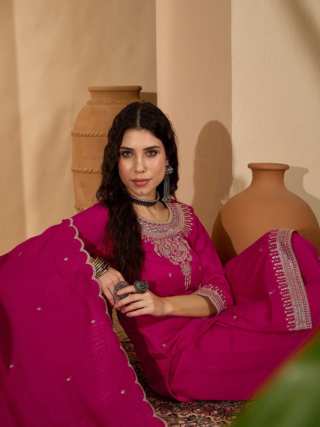 Dhiyona SN Women Embroidered Round Neck Straight Kurta & Palazzos With Dupatta