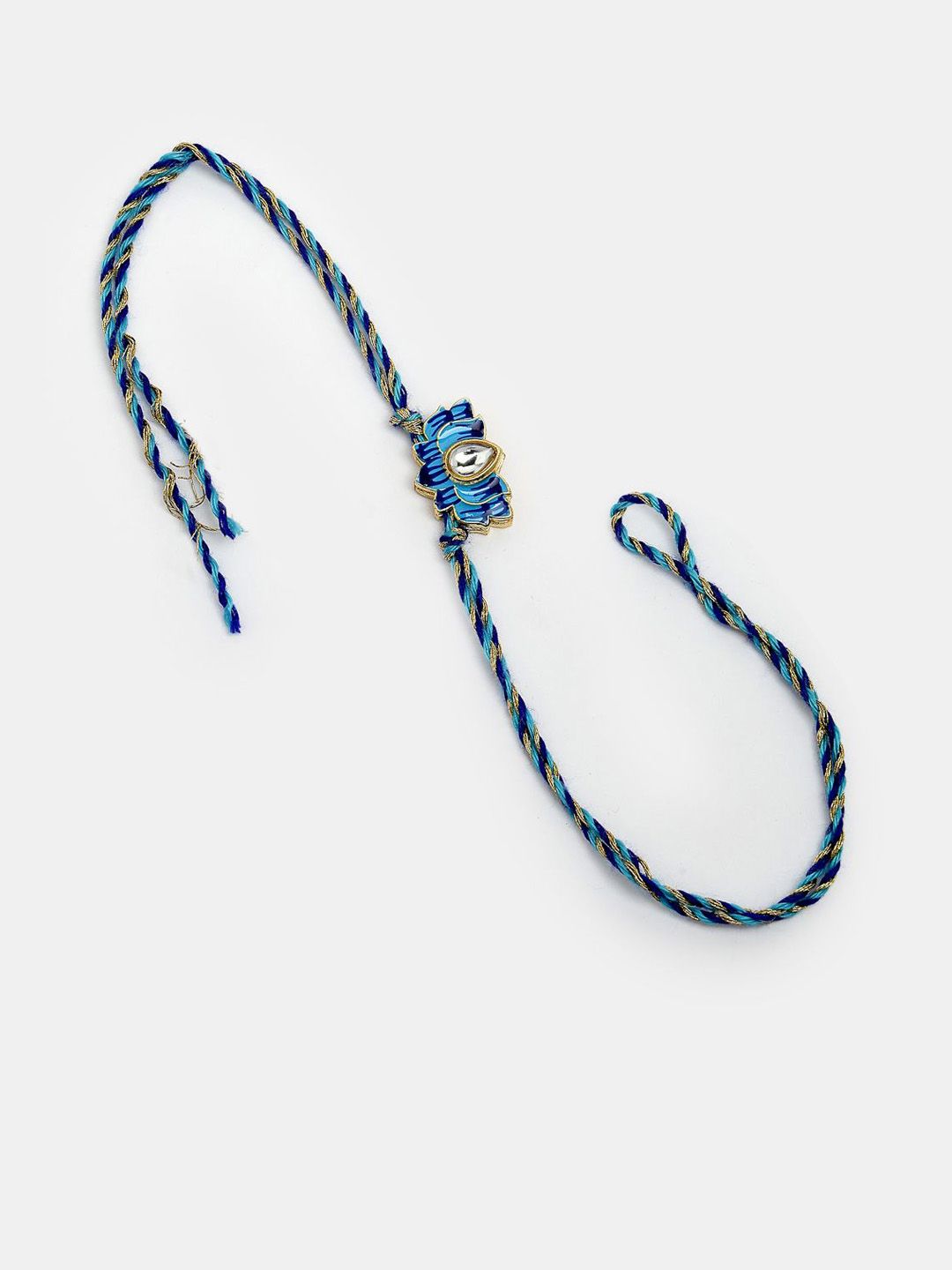 Dhiyona Unisex Set Of 2 Blue Lotus Shape Kundan-Studded & Beaded Wraparound Rakhi Set
