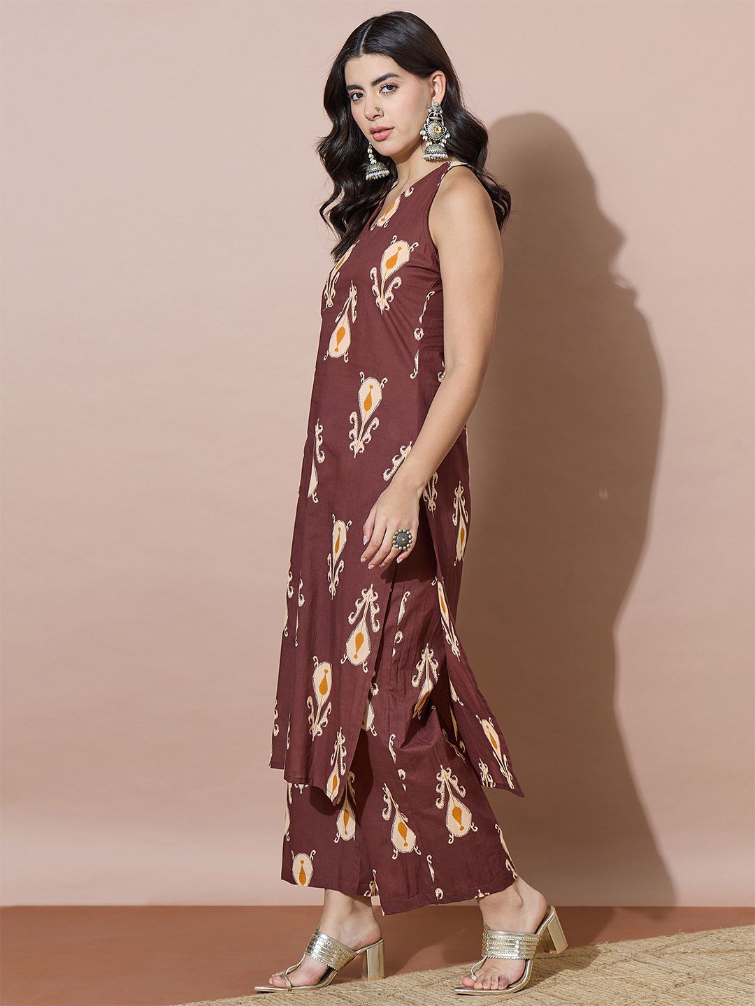 Brown Women Floral Printed Regular Kurta with Palazzos