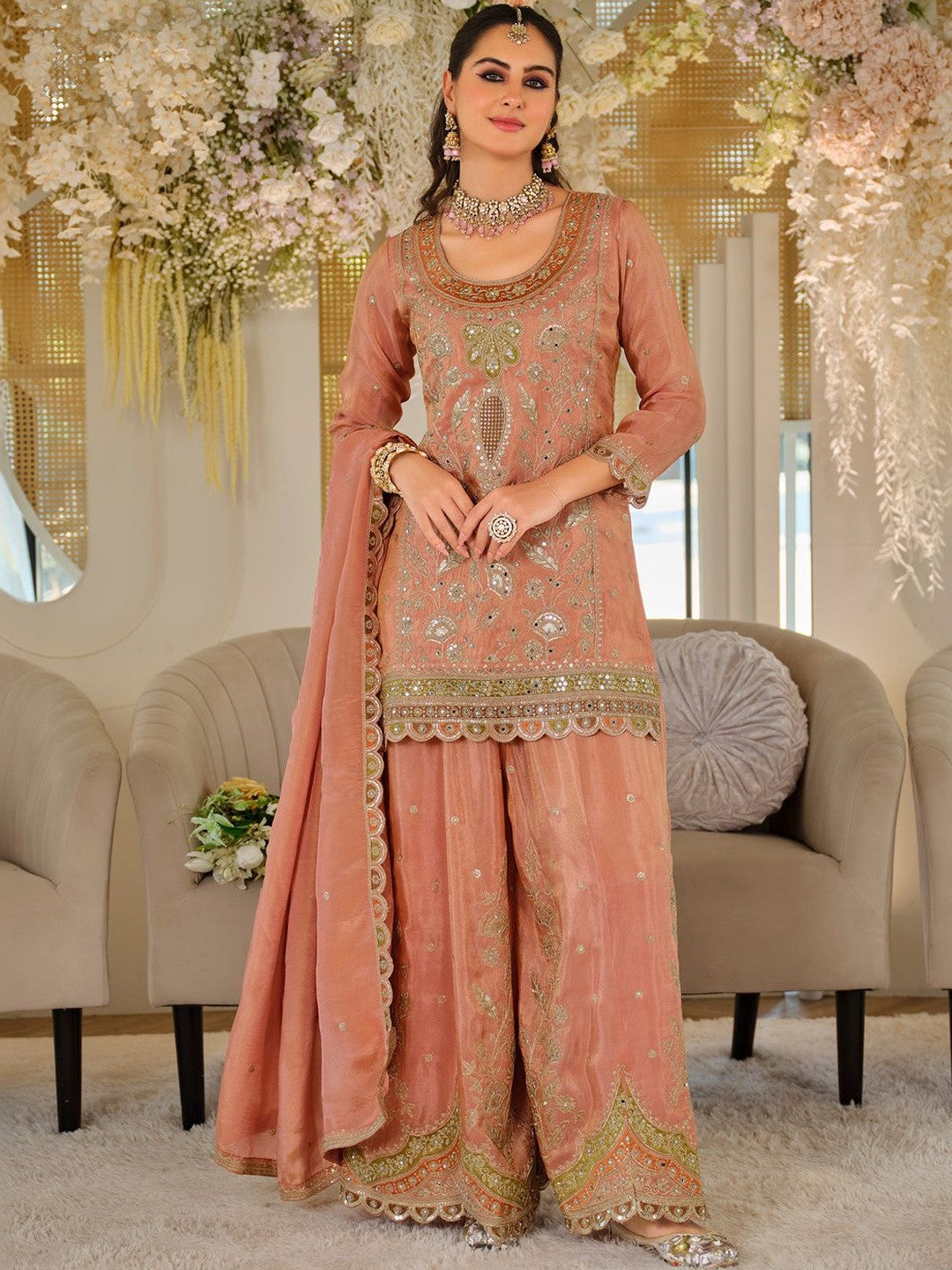 Women Ethnic Motifs Embroidered Regular Thread Work Kurta with Sharara & With Dupatta
