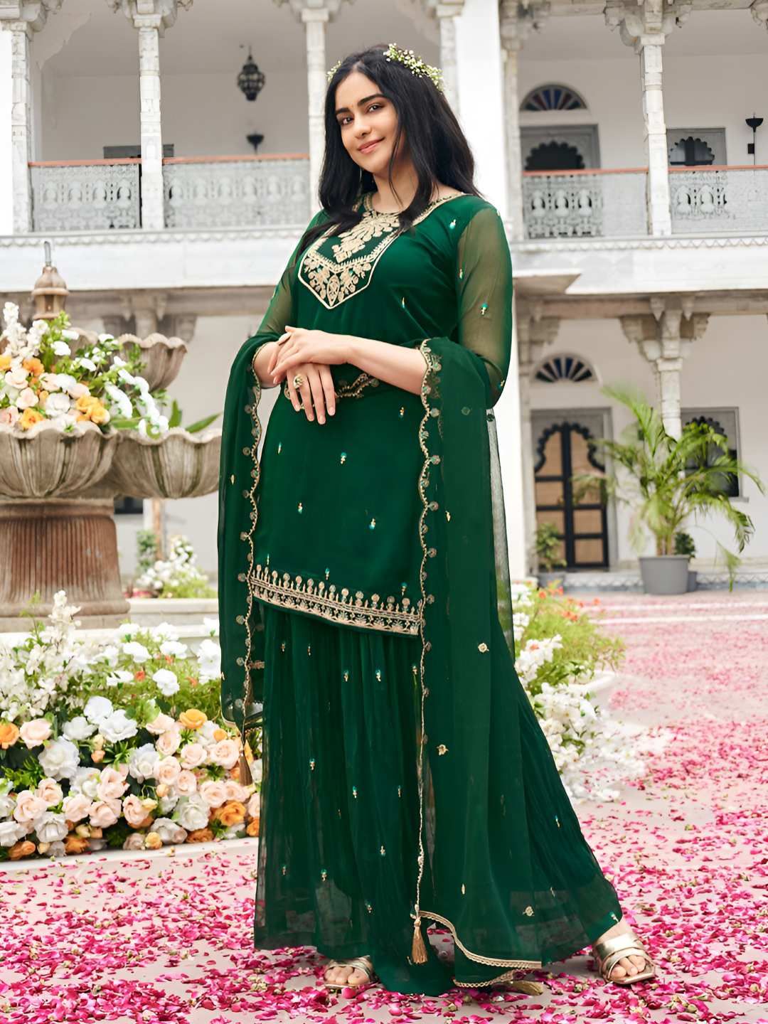 Dhiyona CH Georgette Embroidered Kurta with Plazzo and Dupatta