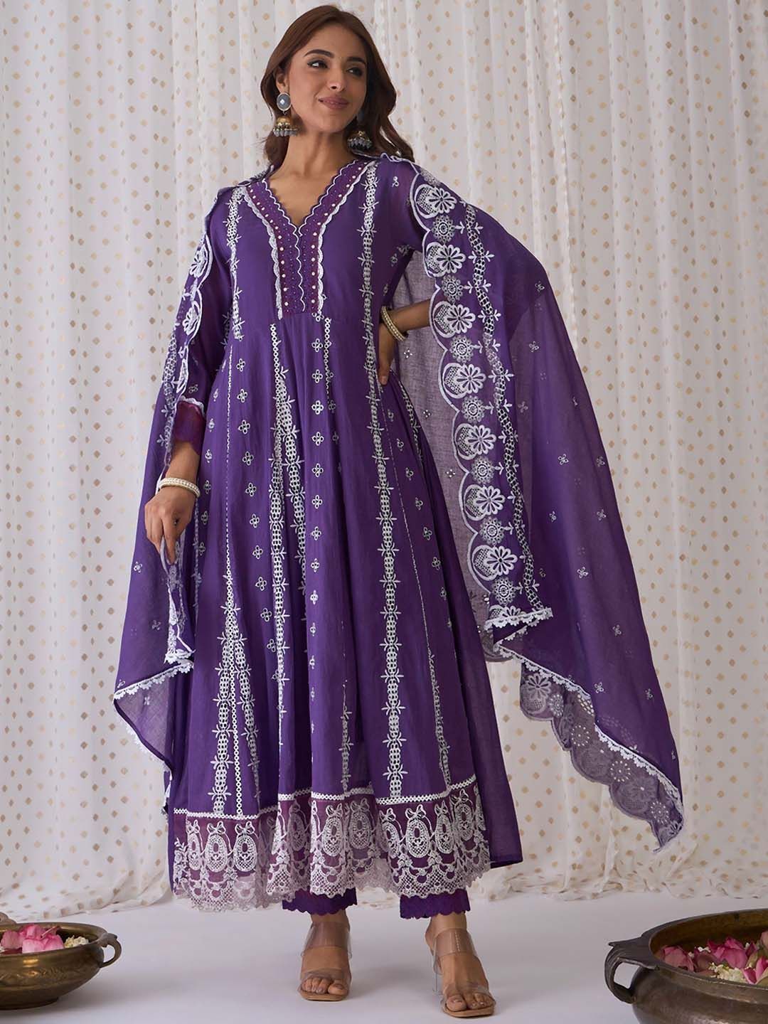 Dhiyona IE Ethnic Motifs Embroidered Pure Cotton A-Line Kurta Trousers & Dupatta