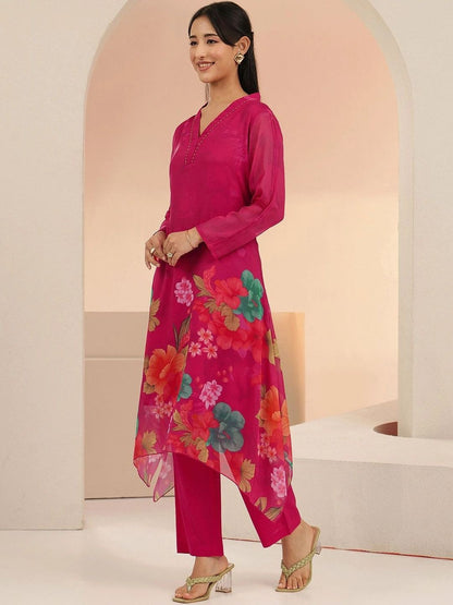 Fuchsia Pink Floral Printed Chiffon High Low Kurta Set