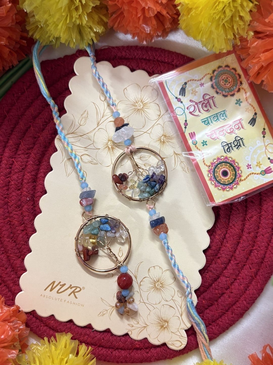 Dhiyona Set Of 2 Artificial Stones Bhaiya Bhabhi Rakhi With Roli Chawal Chandan Mishri