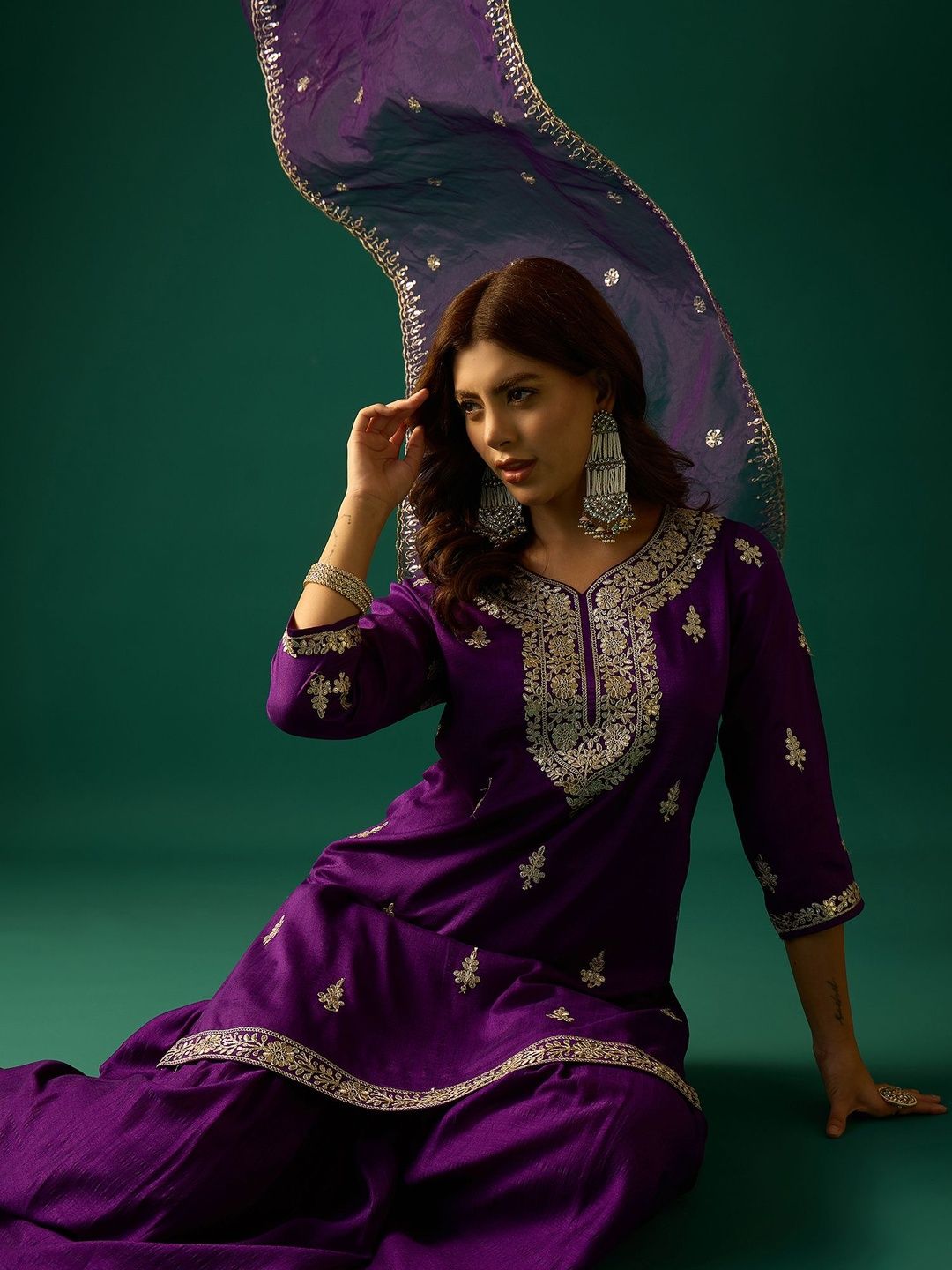 Dhiyona VA Ethnic Motifs Embroidered Zari Kurta With Sharara & Dupatta
