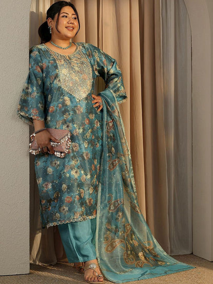Dhiyona Women's Plus Size Floral Printed Kurta with Trousers & With Dupatta