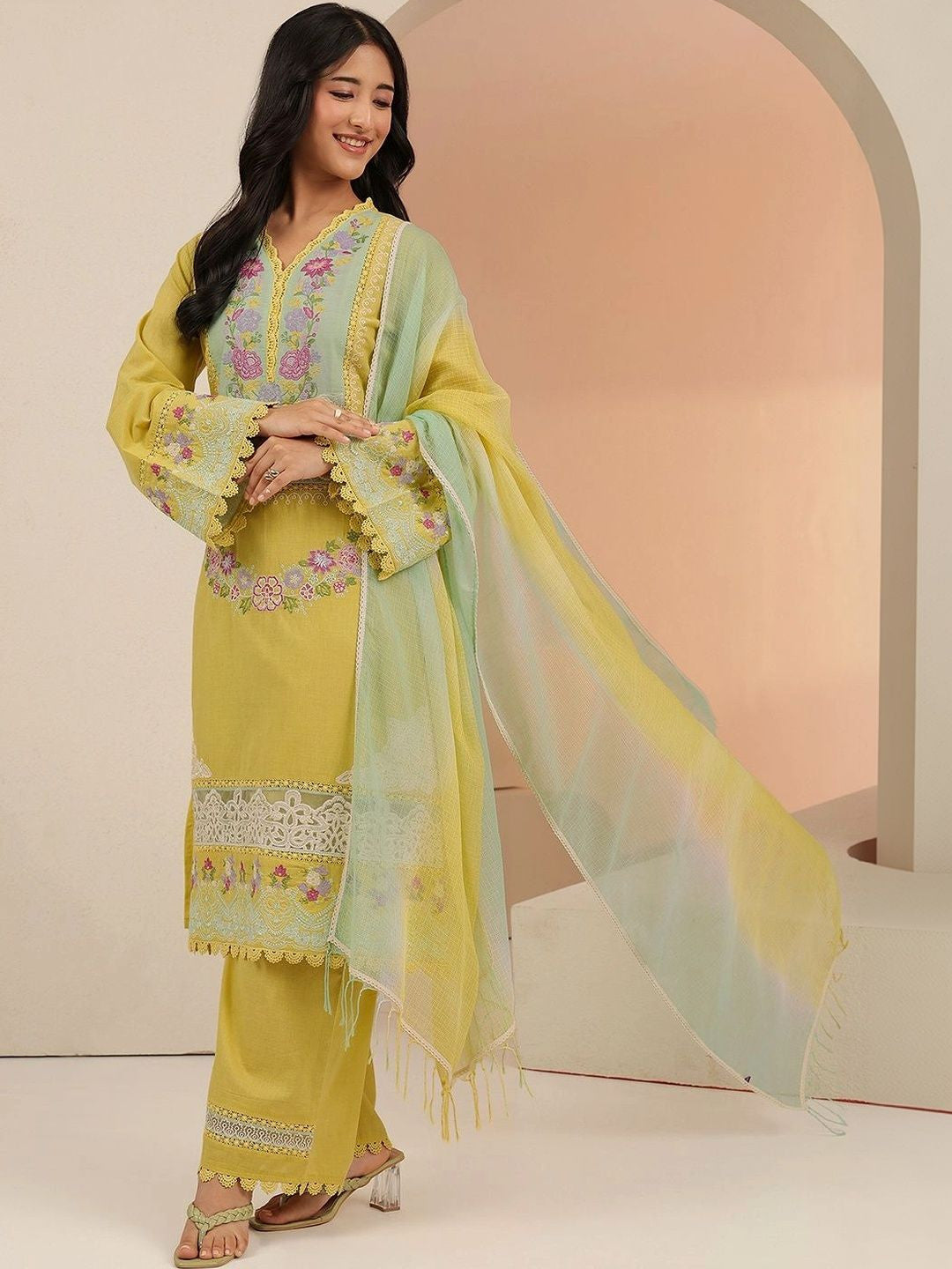 Yellow Floral Embroidered Cotton Straight Suit Set