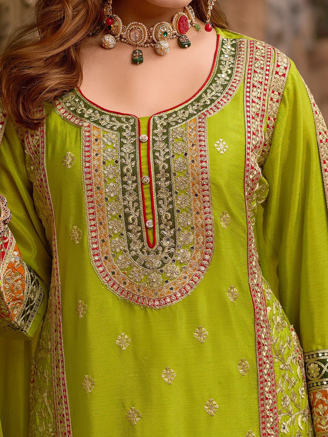 Dhiyona IE Floral Embroidered Sequinned Chinon Straight Kurta With Sharara & Dupatta