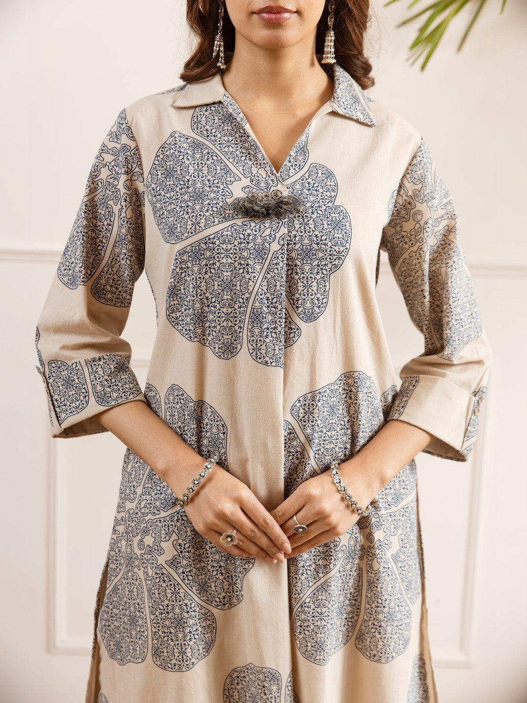 Printed Shirt Collar Kurta & Palazzos Kurta Set