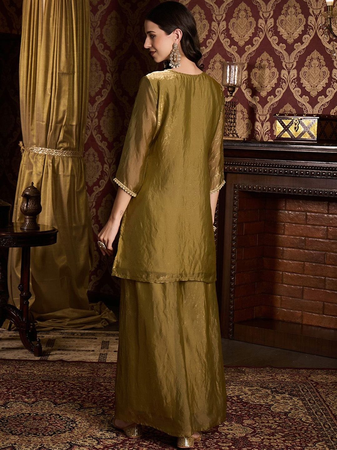 Dhiyona CH Women Ethnic Motifs Embroidered V-Neck Sequinned Kurta with Palazzos