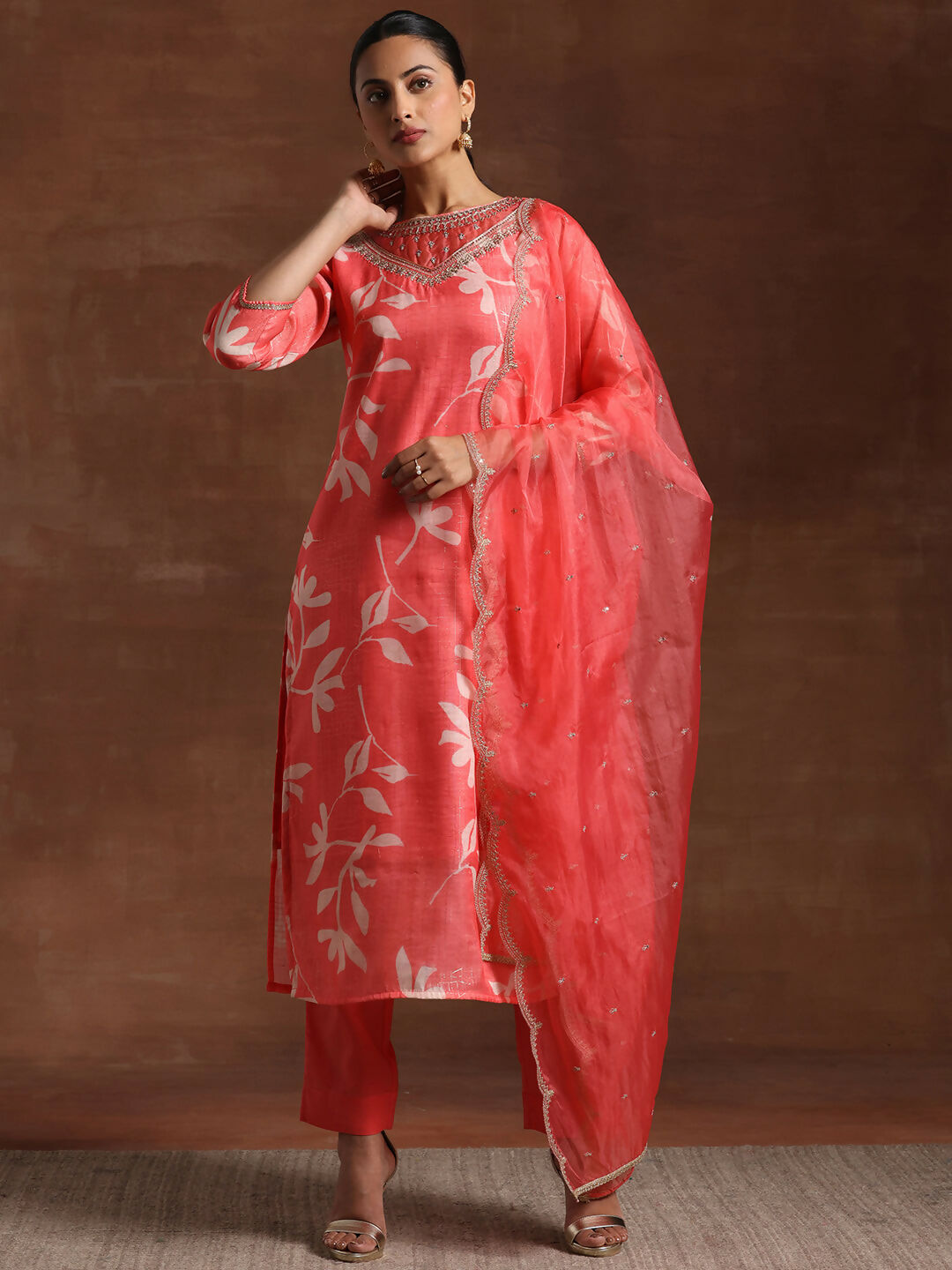 Women's LB Coral Printed Organza Straight Suit With Dupatta